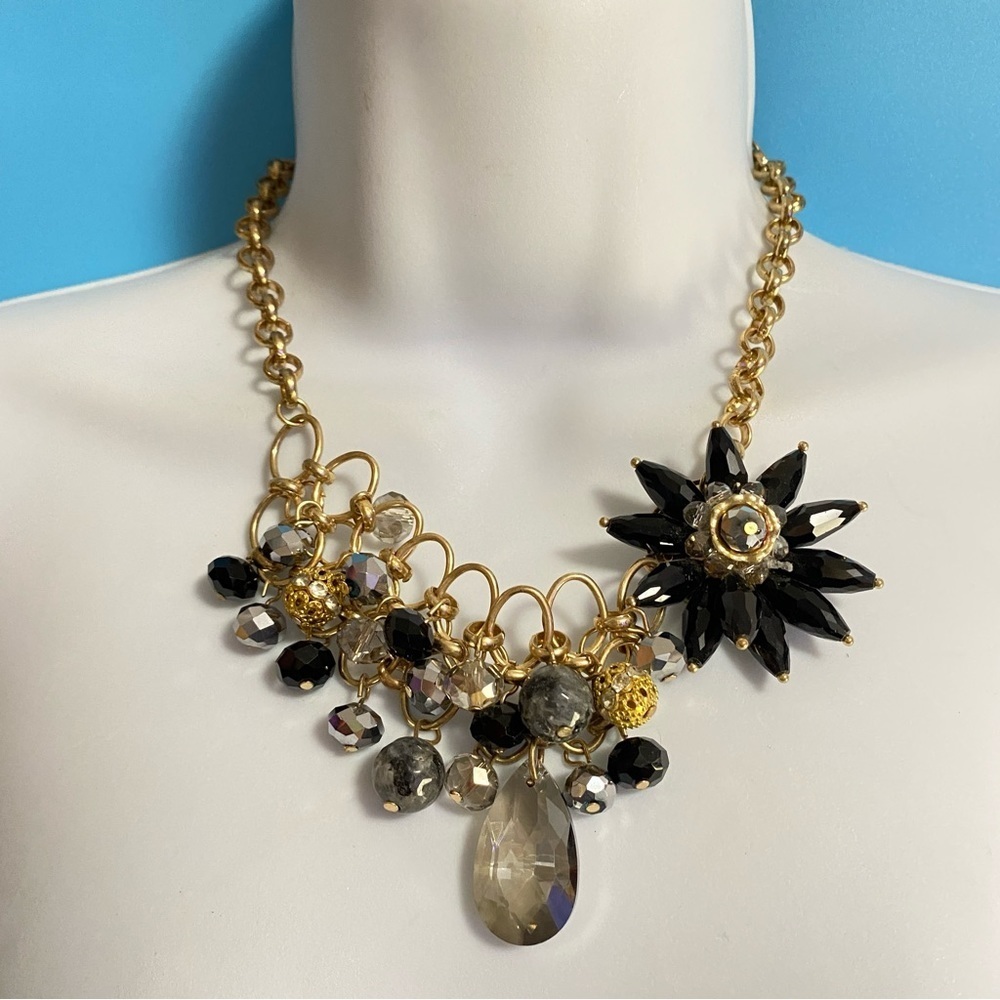 Goldtone & Black Glass Beads Statement Necklace - Picture 4 of 8